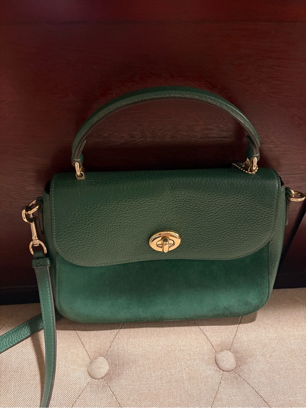 Coach Marlie Top Handle Satchel Green Leather & Suede with Gold Turn-Lock